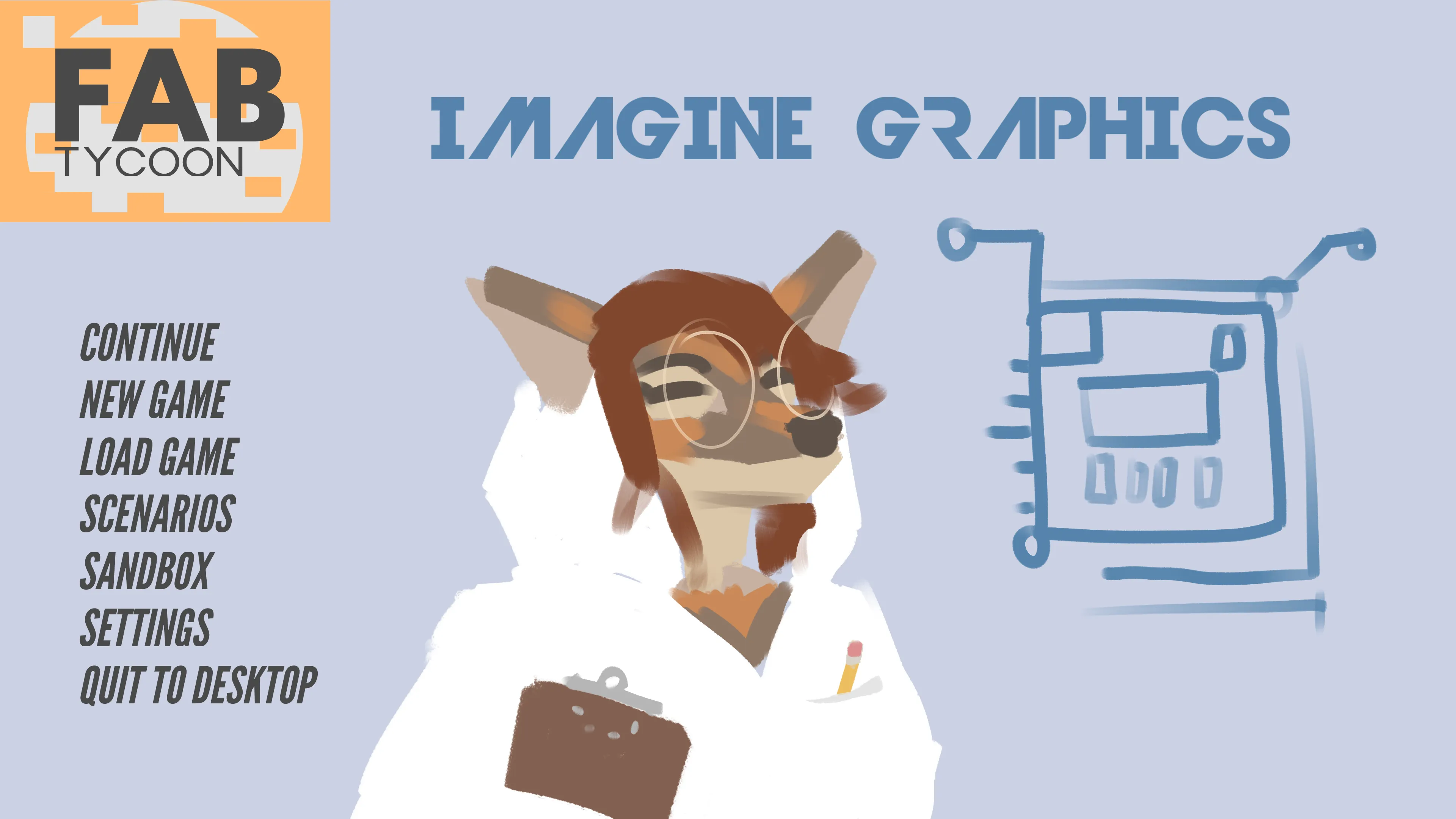 Fab Tycoon's title screen: an anthro character in a lab coat and round glasses beside a hand-drawn diagram of a fab machine, main menu listed down the left.