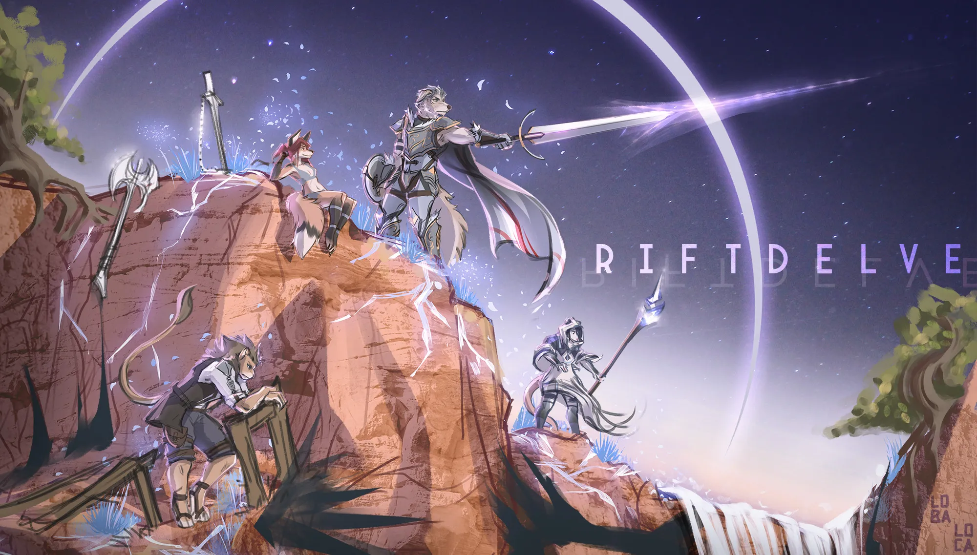 Four anthro adventurers on red rock cliffs beneath a huge pale rift-arc in the night sky, the RIFTDELVE wordmark set into the horizon.